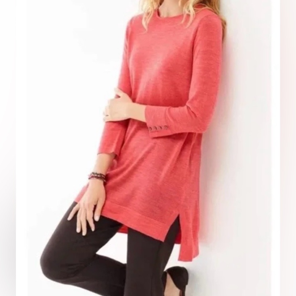 J. Jill lightweight merino wool tunic sweater, peach coral slight slit buttons